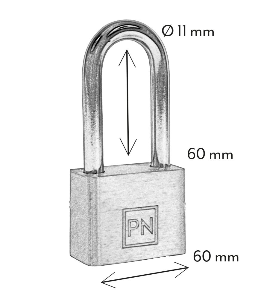 Hængelås 60 mm – 4 stifter – Rustfri – Lang bøjle